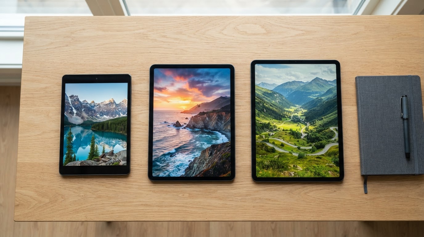 Three budget tablet sizes compared Three tablets of different screen sizes lined up on a wooden table for comparison