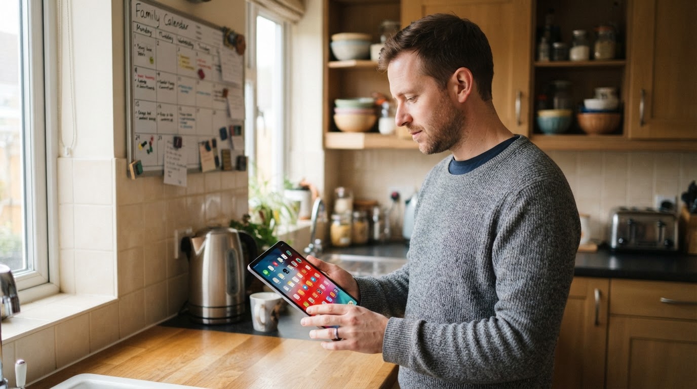 Choosing apps on a family tablet Man in a kitchen browsing the apps on a family tablet screen
