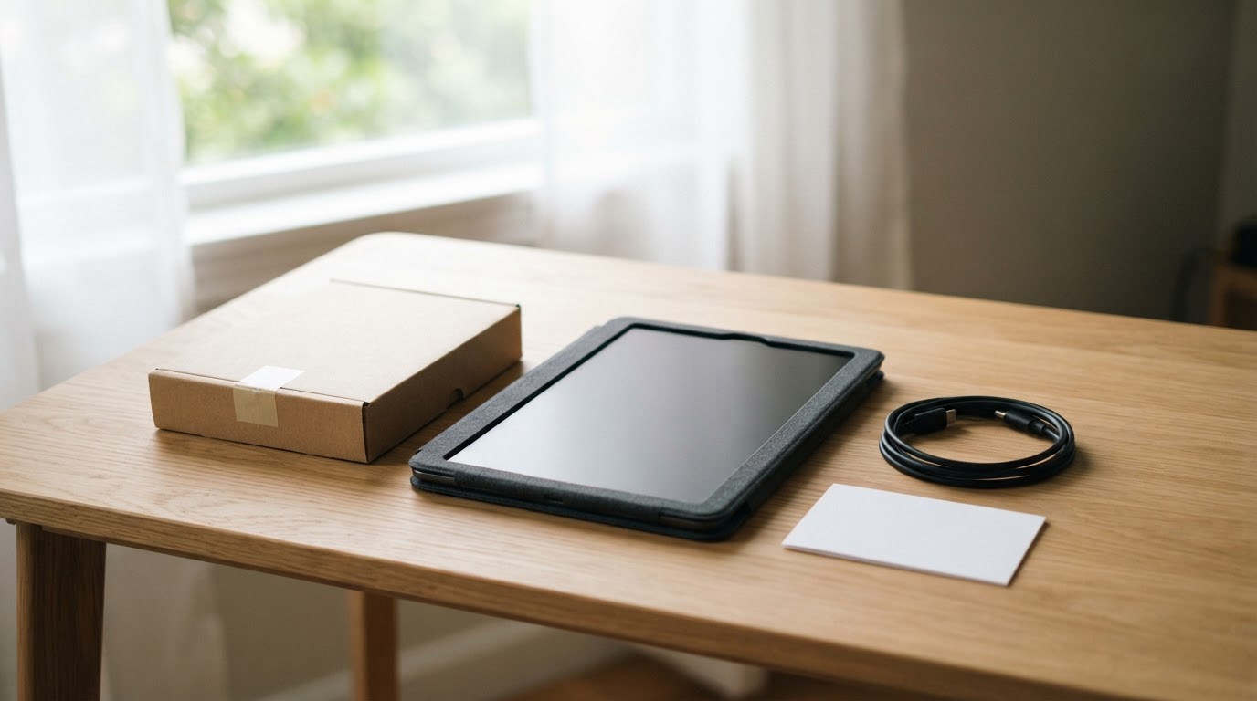 Refurbished tablet unboxed on a desk Refurbished tablet with charging cable and warranty card laid out on a tidy desk