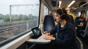 Best budget tablet UK for browsing and streaming, from £115 to £250 2 Commuter on a train watching a show on a budget tablet with headphones on