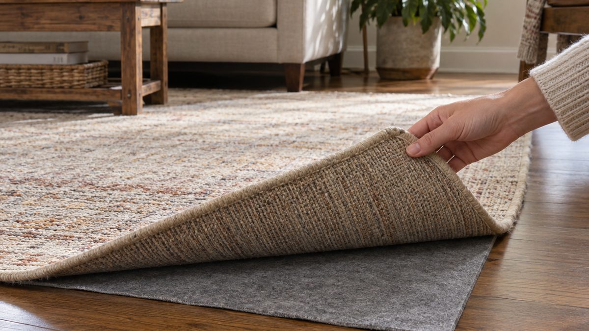 Anti-slip rug pad visible underneath a lifted corner of a living room rug on a hard floor