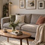 Small budget gallery wall of nine mixed frames hung above a sofa in a UK rented living room