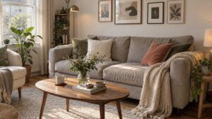 Budget wall art ideas for renters in the UK, without losing your deposit 10 Small budget gallery wall of nine mixed frames hung above a sofa in a UK rented living room