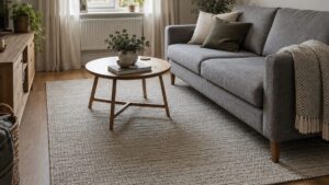 Best budget rugs for a UK living room, sorted by price and material 12 Neutral budget rug placed under a grey sofa in a small UK living room