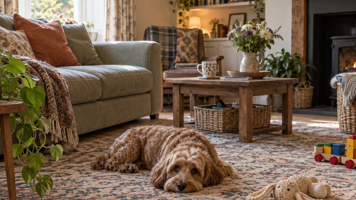 Durable patterned living room rug suited to a household with a dog and children