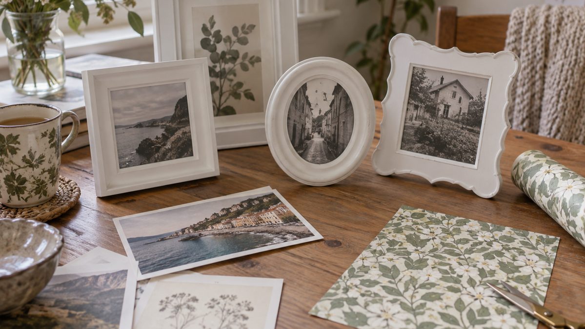 Mismatched painted frames, postcards and wrapping paper laid out as free wall art materials