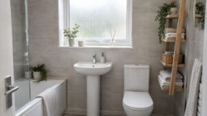 Small bathroom storage ideas for UK renters that leave no trace 13 Small UK rented bathroom with a freestanding ladder shelf holding folded towels and a basket beside a pedestal sink
