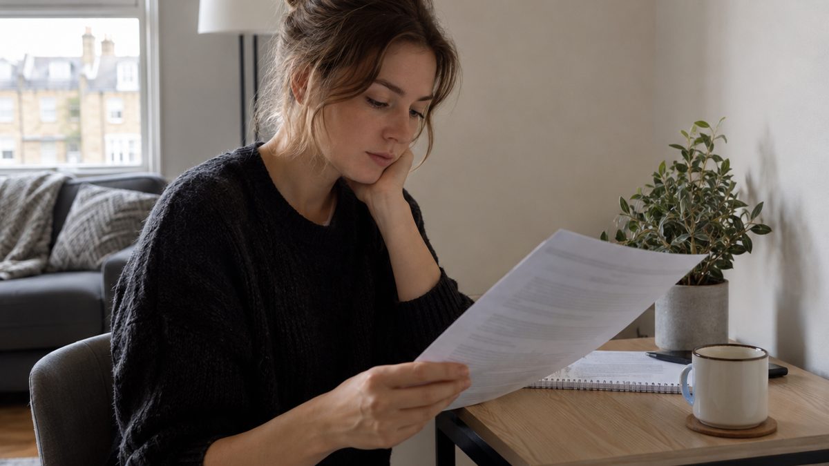 Renter reading a tenancy agreement at a desk before hanging any wall art