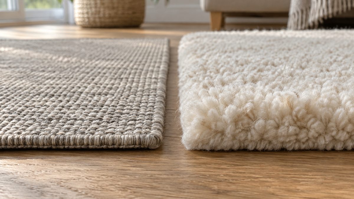 Close-up comparison of a synthetic flatweave rug texture next to a wool rug texture