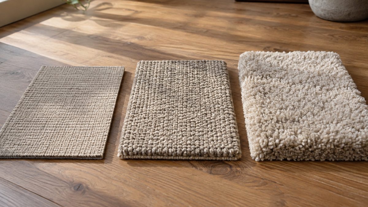 Three rug swatches showing the step up in thickness and finish across budget price bands