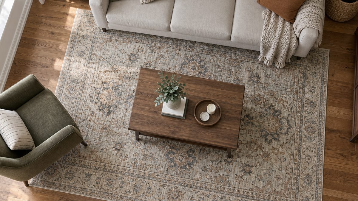 Tape measure on a living room rug showing correct sizing against sofa and armchair
