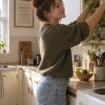 Woman arranging ceramics and a plant on open shelving in a small rented UK kitchen