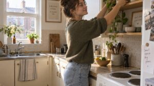 How to style a small rental kitchen in the UK without losing your deposit 11 Woman arranging ceramics and a plant on open shelving in a small rented UK kitchen