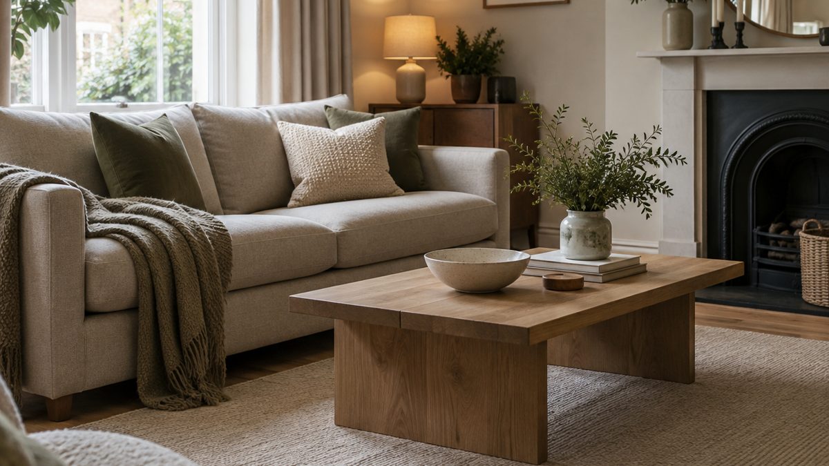 Simple neutral rug centred under a sofa and coffee table in a styled living room