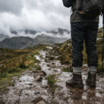 Walker wearing waterproof hiking boots on a muddy Lake District path after rain