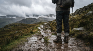 Best hiking boots for UK weather: which waterproof pairs suit mud and rain? 4 Walker wearing waterproof hiking boots on a muddy Lake District path after rain