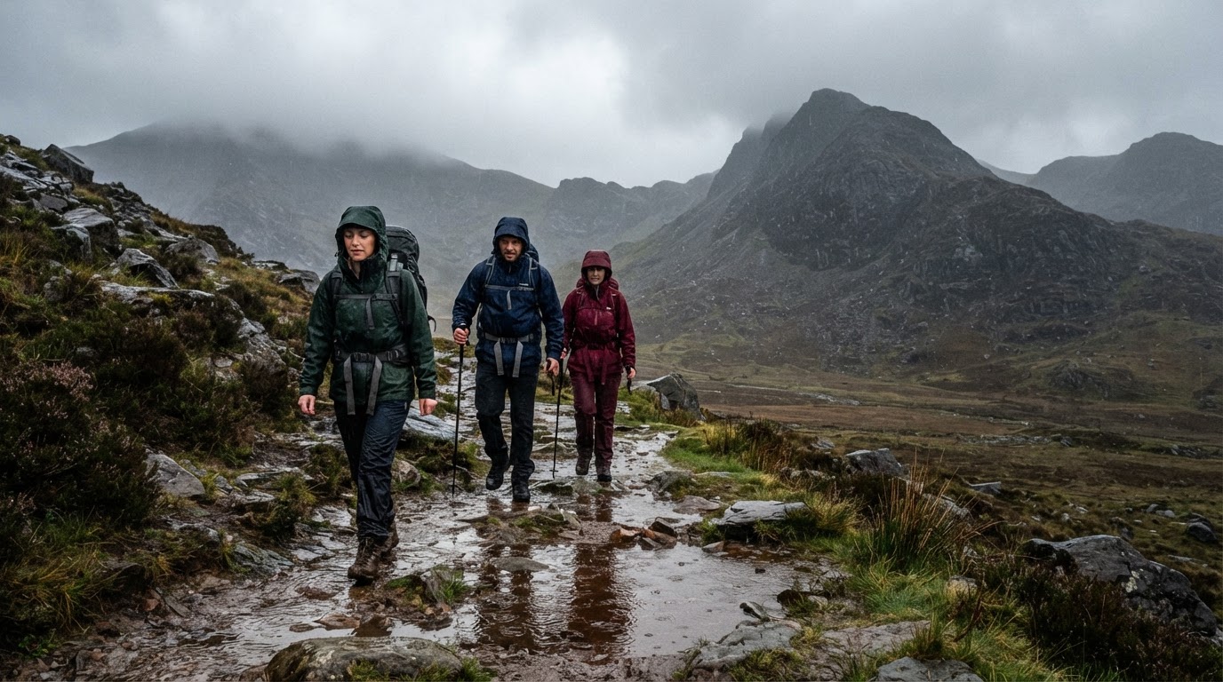 Hikers on rainy Welsh mountain trail Two hikers walking a rain-soaked Welsh mountain trail under grey skies