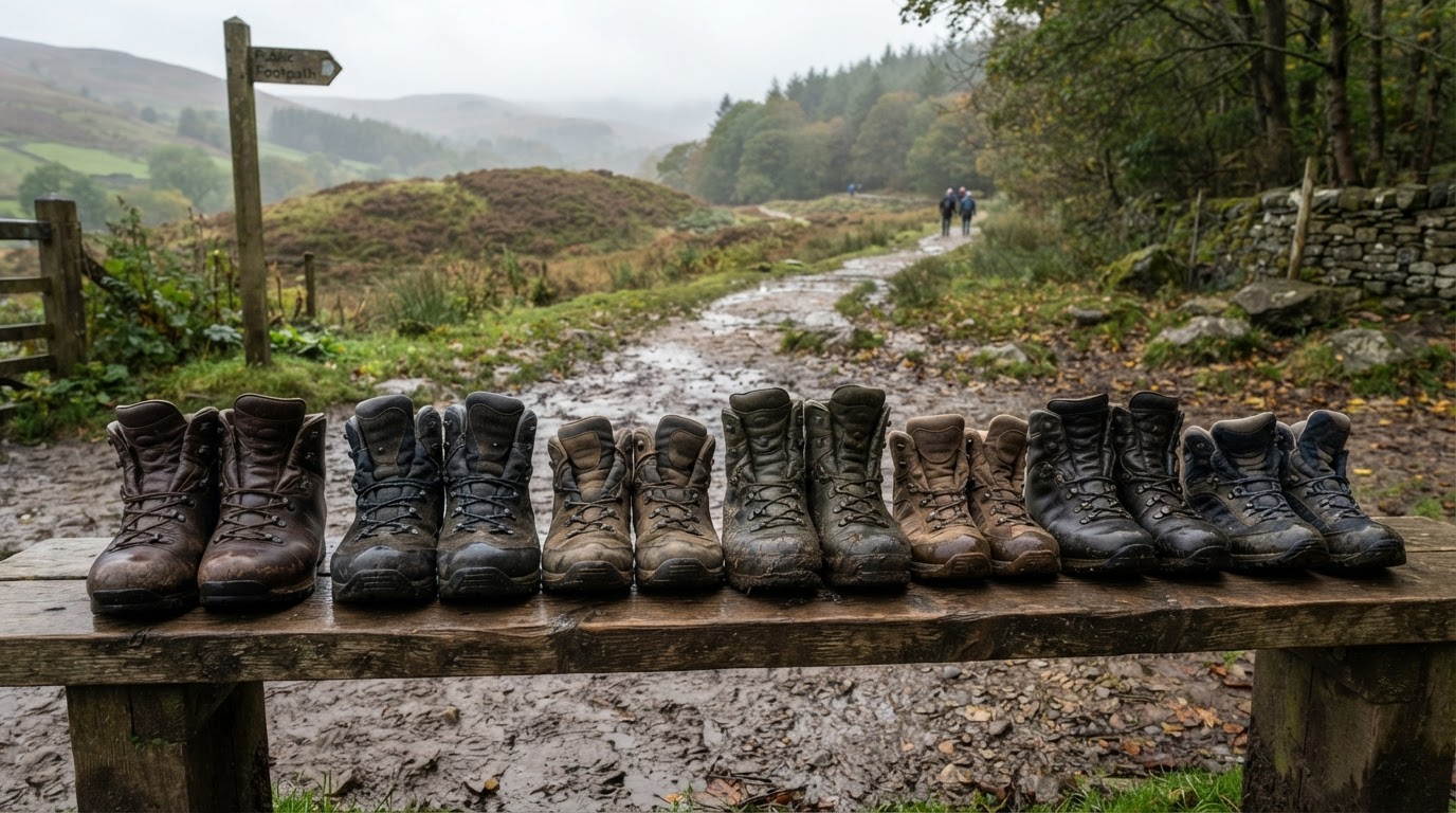 Row of hiking boots at trailhead Several pairs of hiking boots lined up on a bench at a UK trailhead