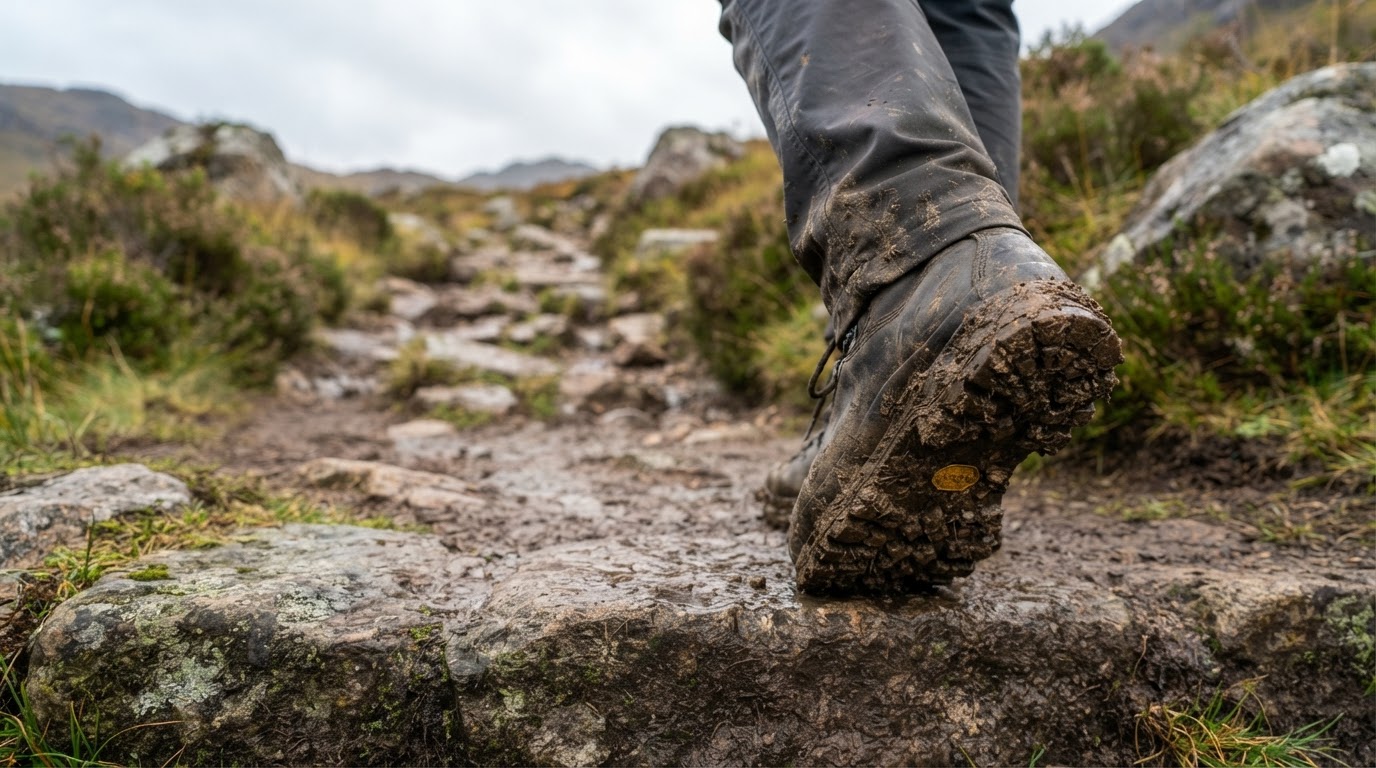 Muddy hiking boot sole with deep lugs Hiking boot sole with deep lugs packed with mud beside a footpath