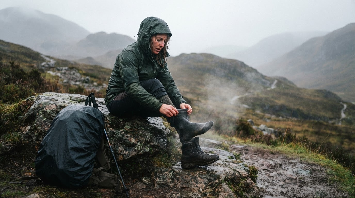 Walker removing wet boot on hillside Walker taking off a damp boot and sock on a drizzly hillside rest stop