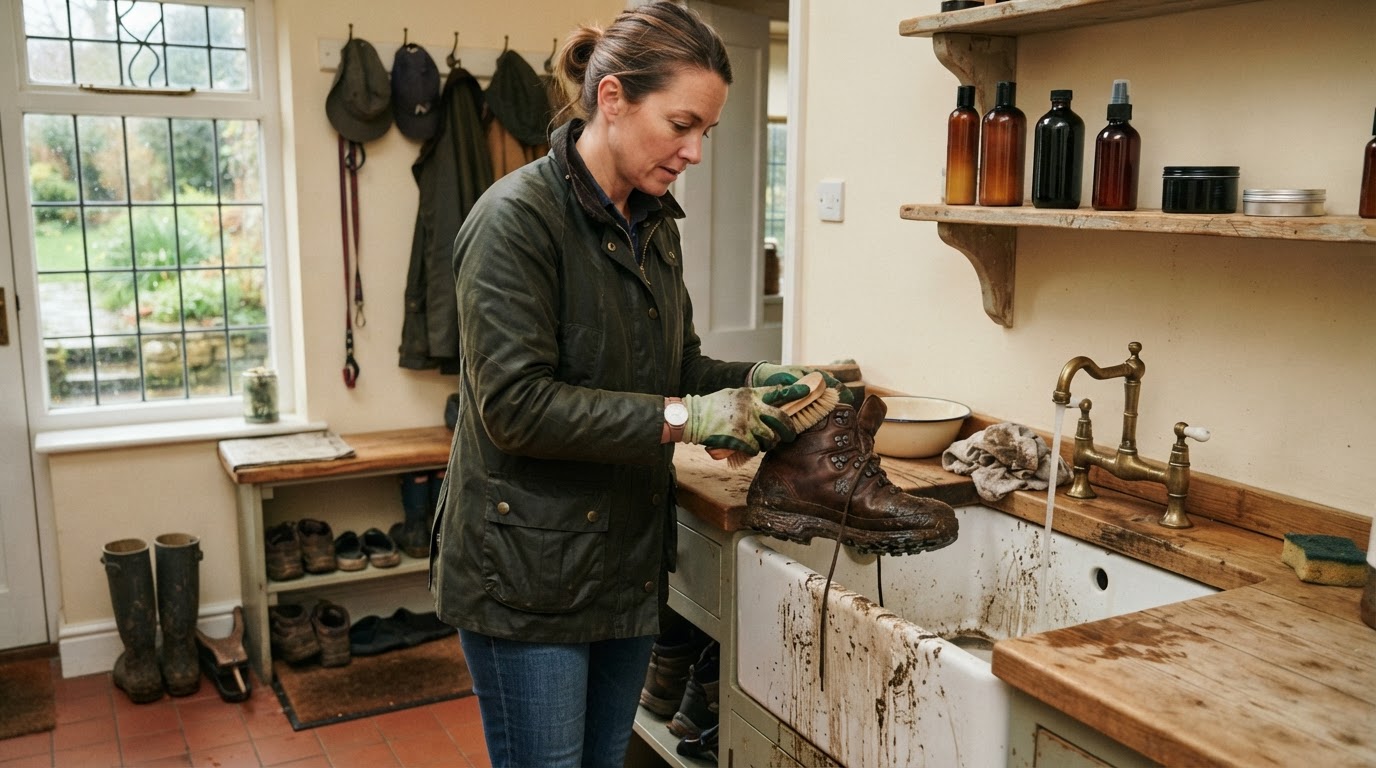 Cleaning muddy hiking boots before reproofing Person brushing mud off leather hiking boots in a UK porch before reproofing