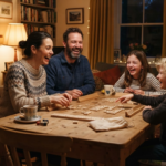 Family of four laughing around a living room table during a board game night
