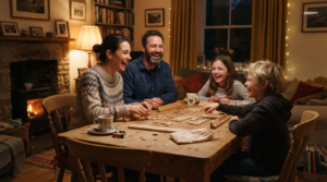 Best board games for family game night UK: six picks sorted by age mix and group size 3 Family of four laughing around a living room table during a board game night
