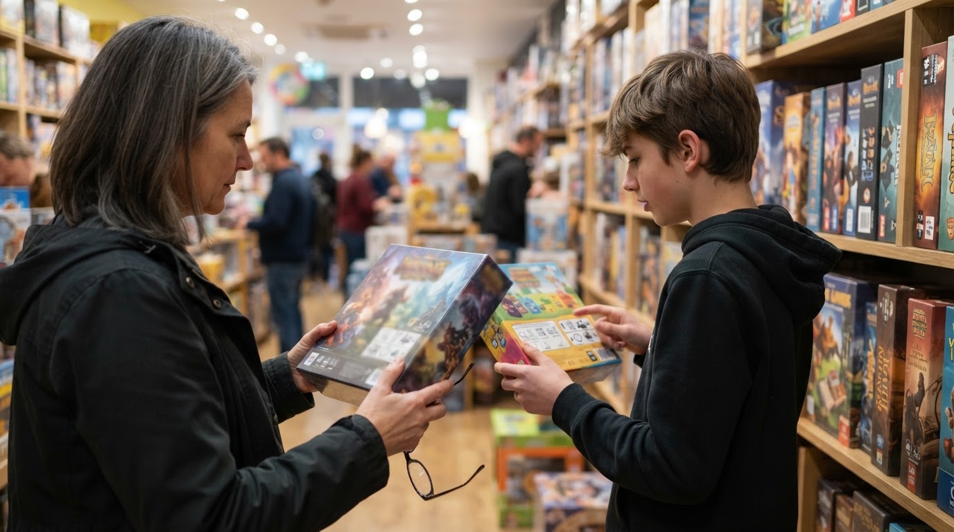 Parent and teenager reading the age and player details on board game boxes in a shop