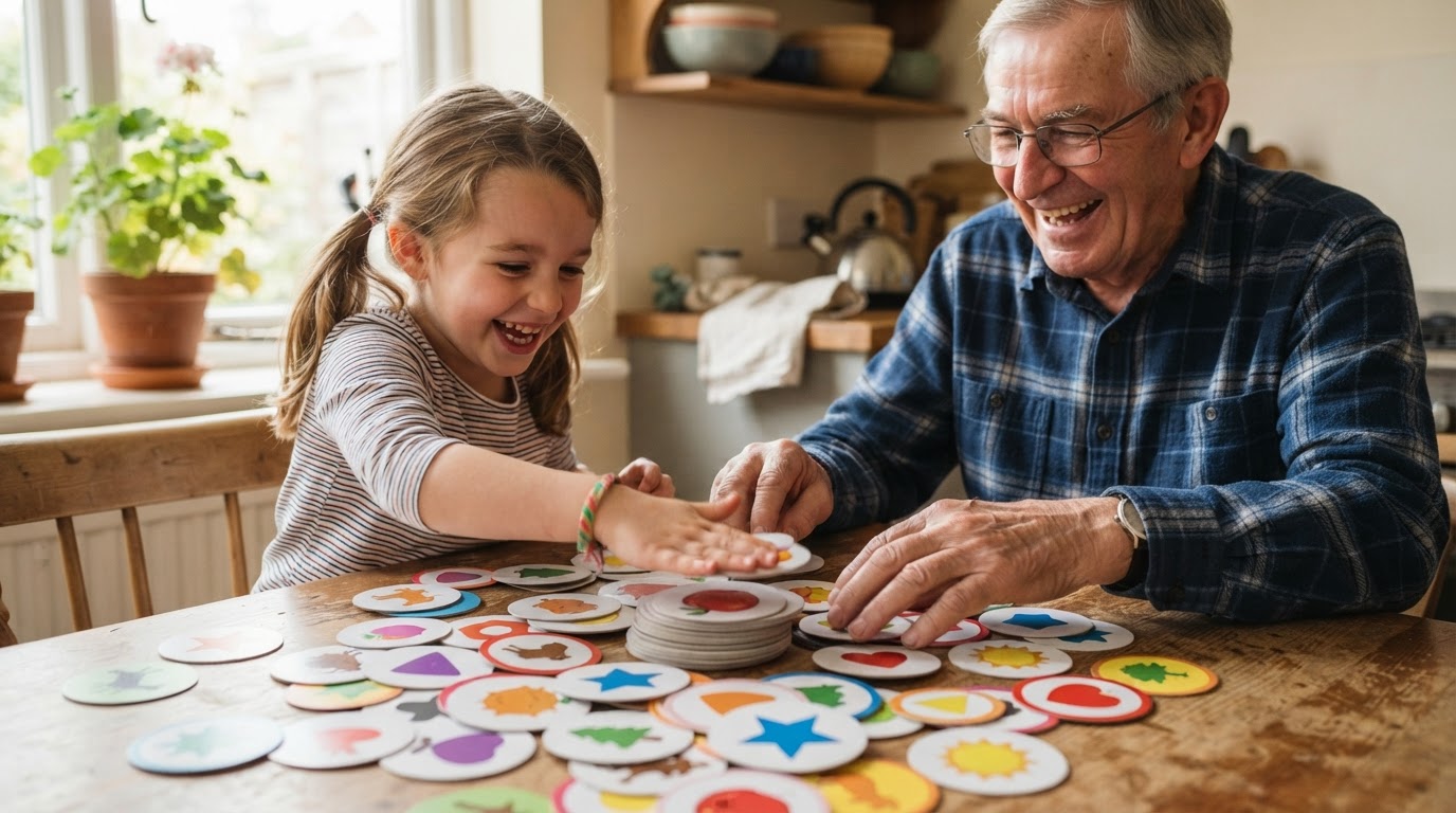 Young child and grandparent racing to match cards in a fast card game at a kitchen table