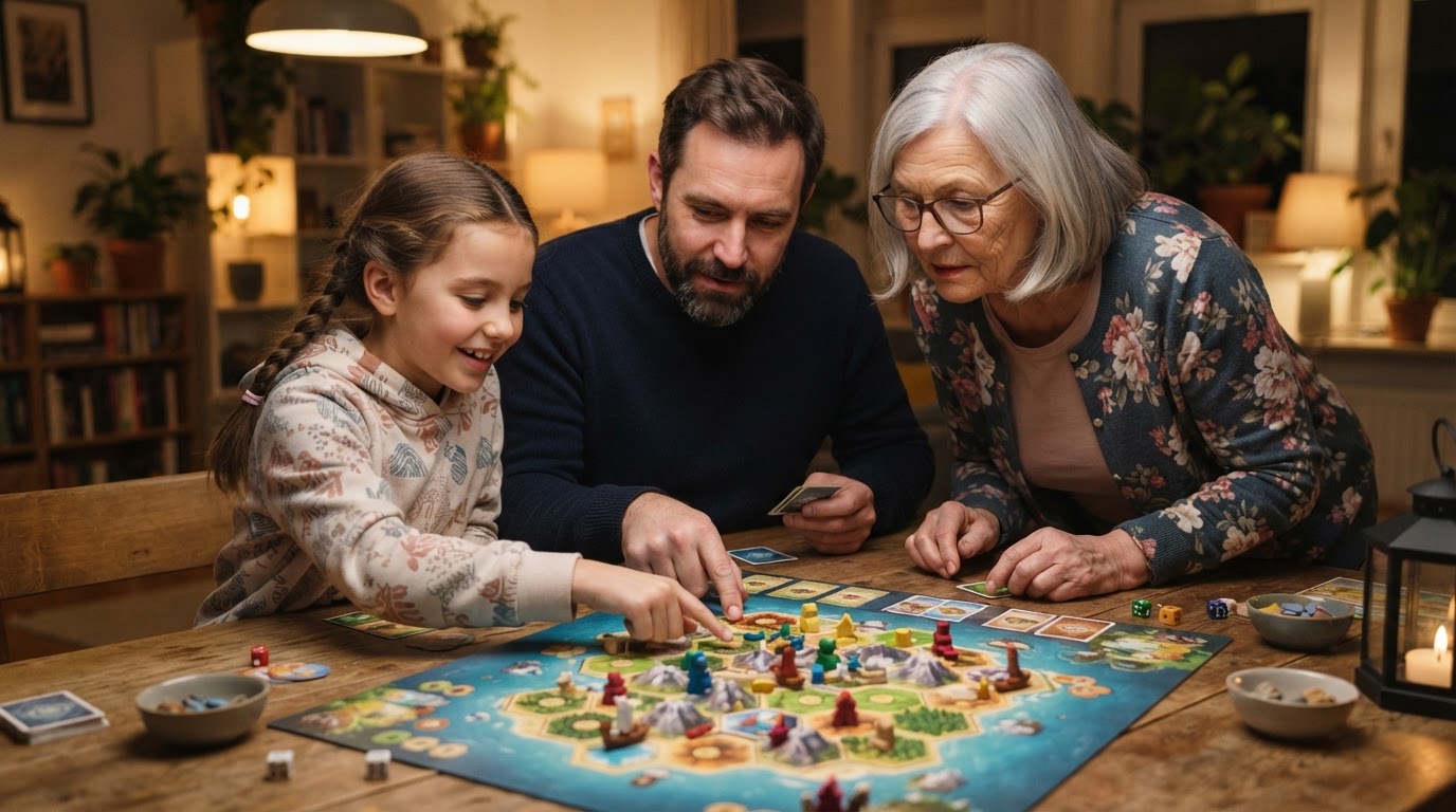 Three family members of different ages planning a move together in a cooperative board game