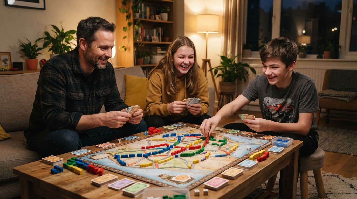Teenagers and a father playing a route-building strategy board game on a living room table