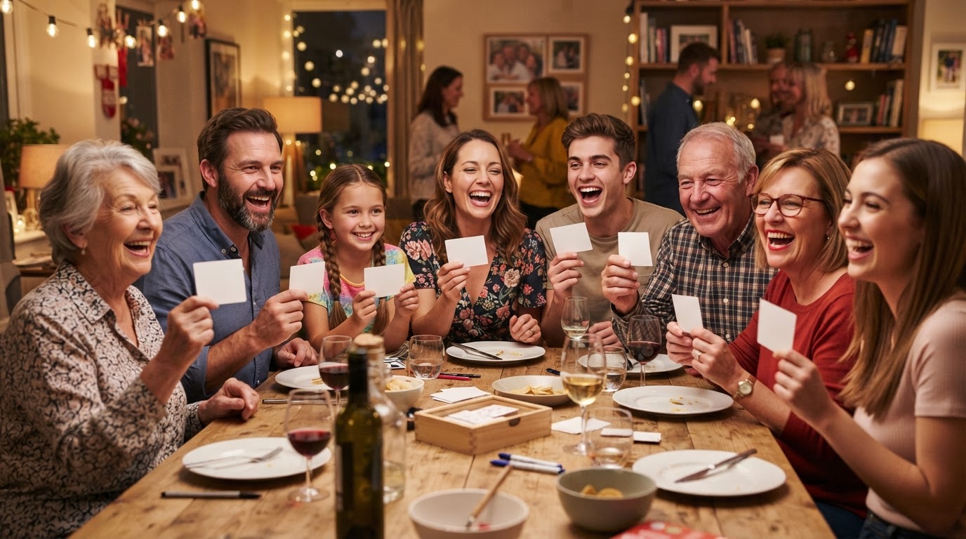 Eight relatives of mixed ages laughing around a dining table during a party game