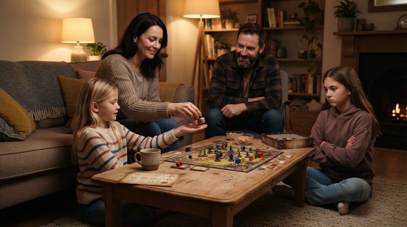 Parent calmly handing the dice to a child while a sibling watches during family game night