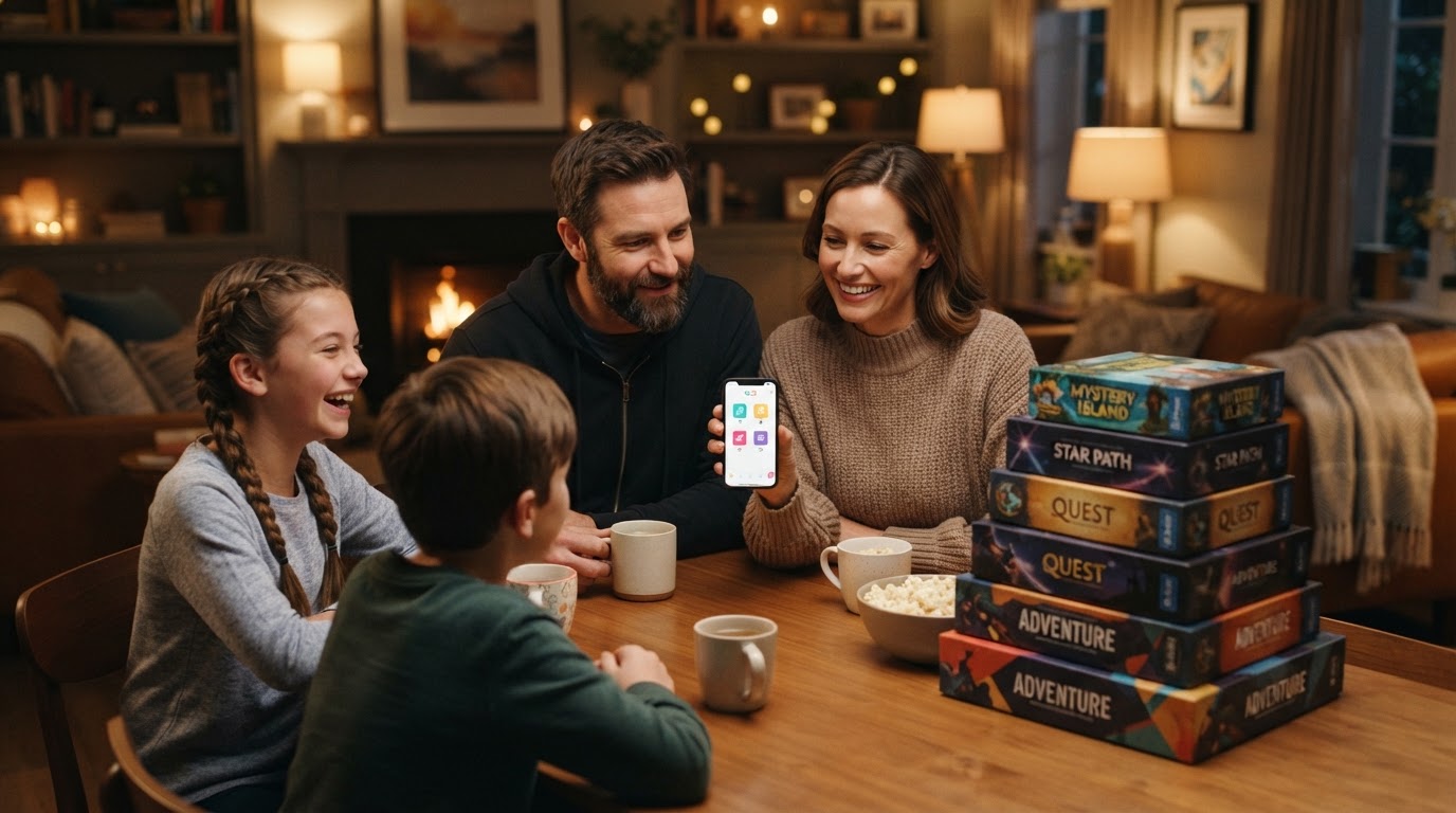 Family at a table with a stack of board games deciding which one to play tonight