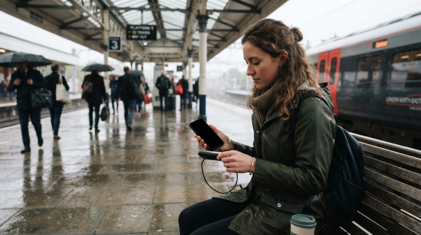 Commuter charging phone with power bank Commuter on a UK station platform charging her phone from a slim power bank