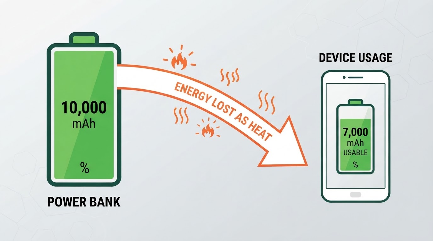 Rated versus usable power bank capacity Diagram showing a power bank losing part of its rated capacity as heat during charging