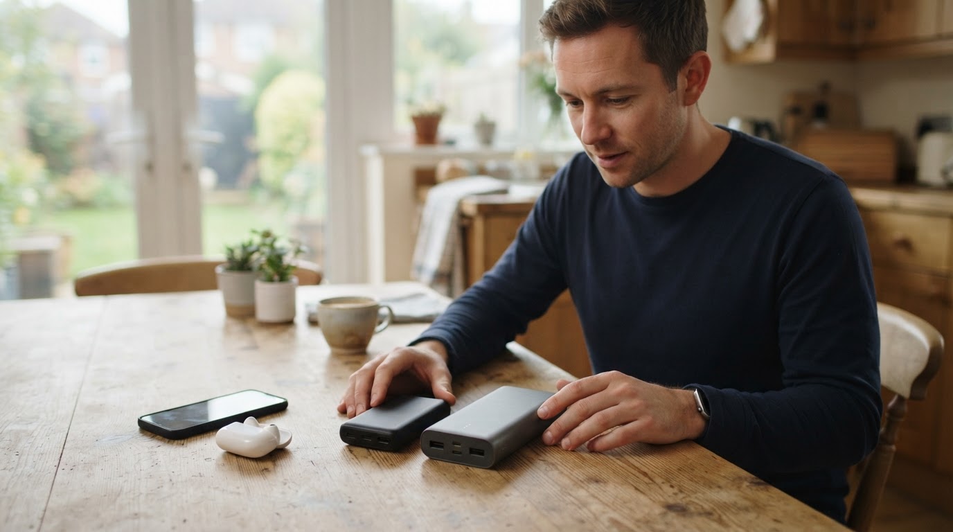 Comparing compact and large power banks Man comparing a compact power bank with a larger one on a kitchen table