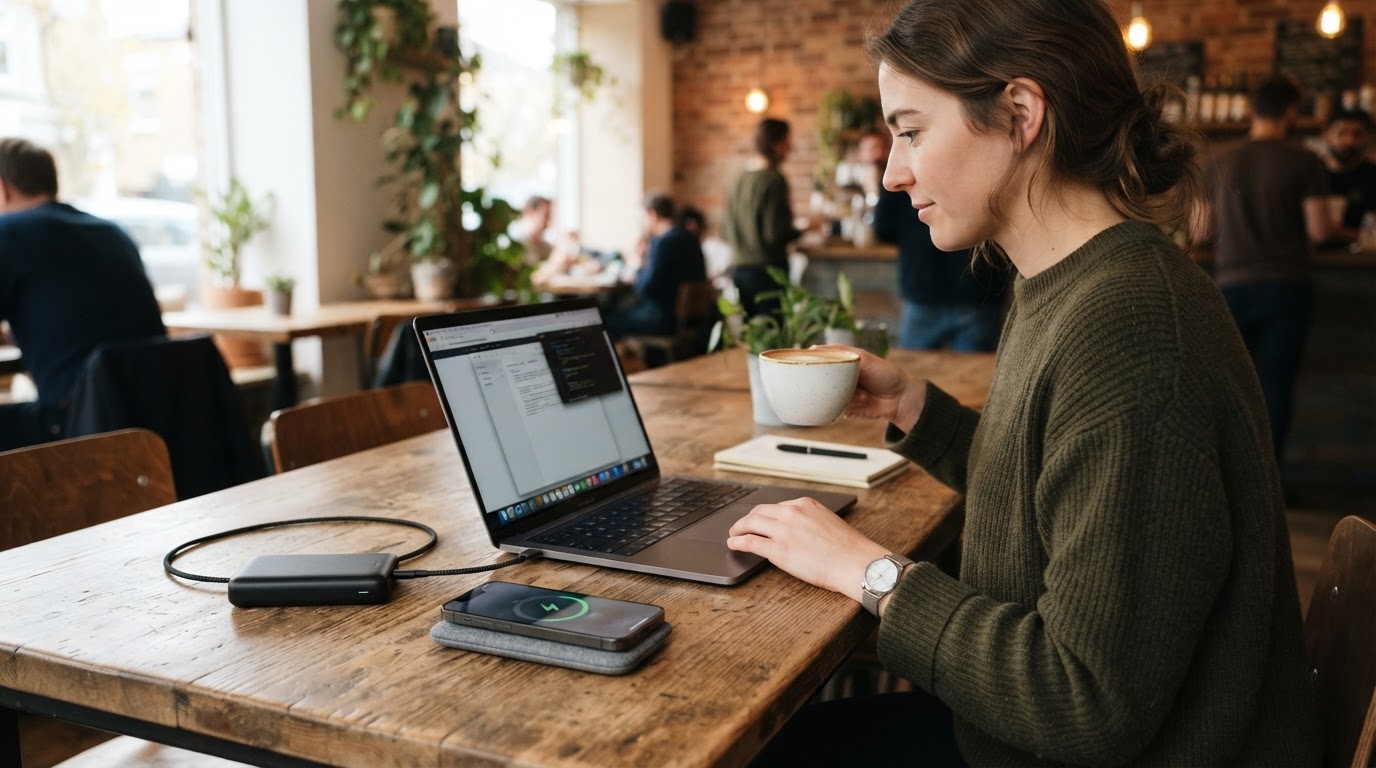 Laptop and phone charging from power banks Cafe table with a laptop on USB-C power bank and a phone on a magnetic charger