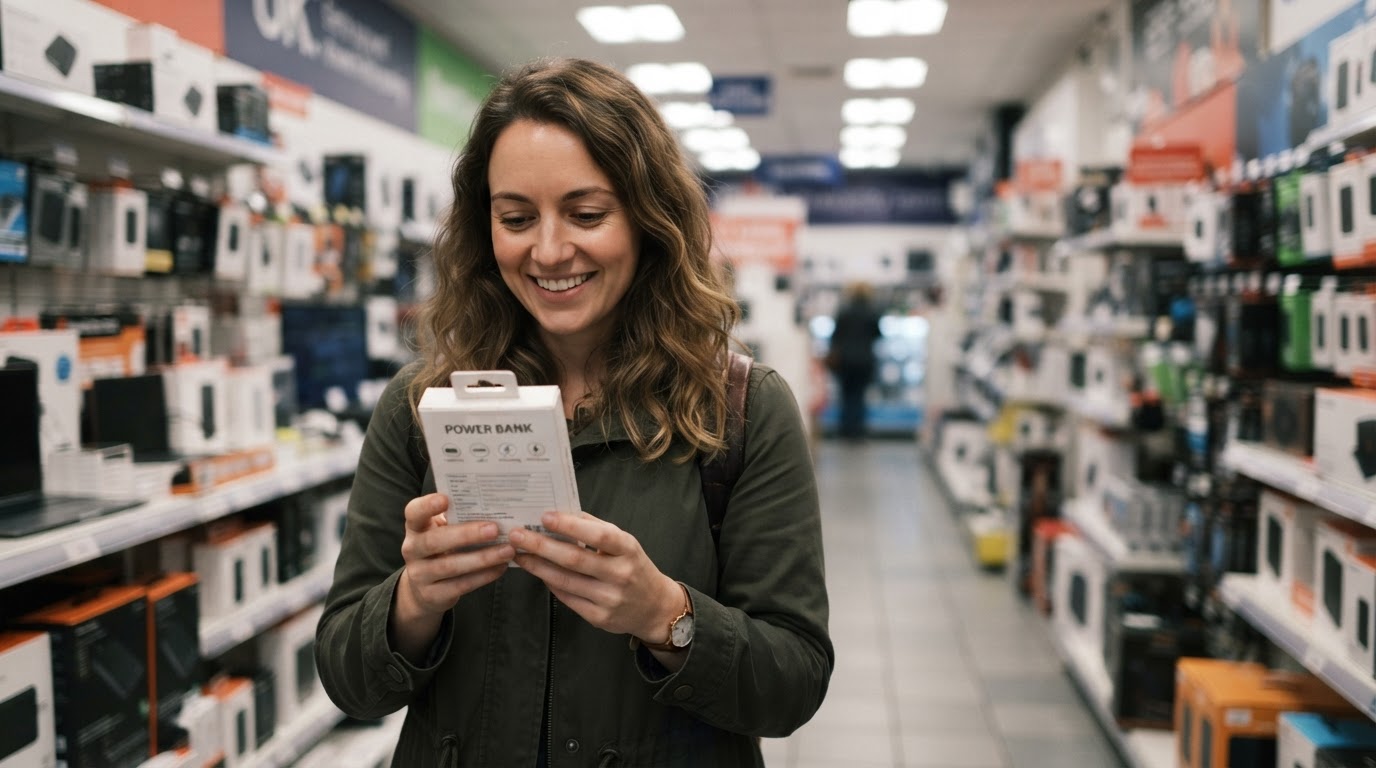 Checking power bank specifications before buying Shopper reading the specification label on a power bank box in a shop aisle