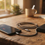 Low battery phone on a desk next to a charging cable and a small power bank