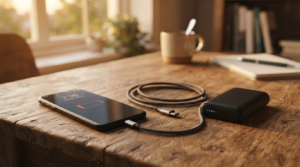 Best power bank UK for everyday use: how many real phone charges do you get? 1 Low battery phone on a desk next to a charging cable and a small power bank