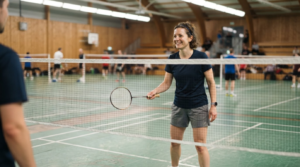 Best badminton racket for beginners UK, and which specs to check first 1 Adult beginner holding a badminton racket on an indoor court ready to play