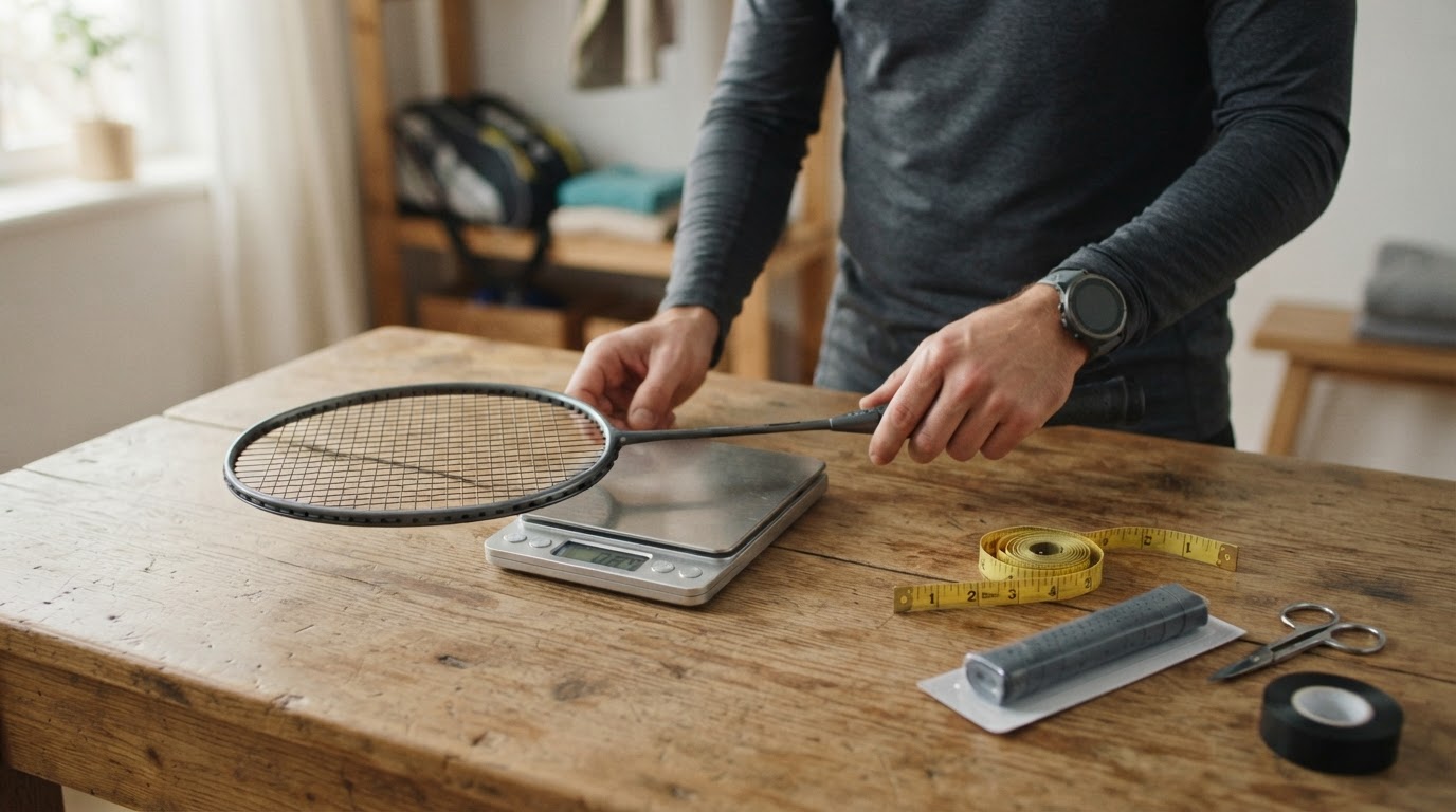 Weighing a badminton racket on a scale Badminton racket being weighed on a small digital scale to check its weight