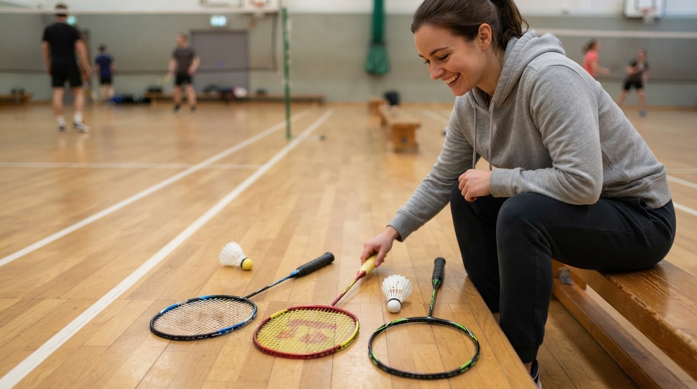 Comparing three badminton rackets by budget Shopper comparing three badminton rackets of different styles laid out on a floor