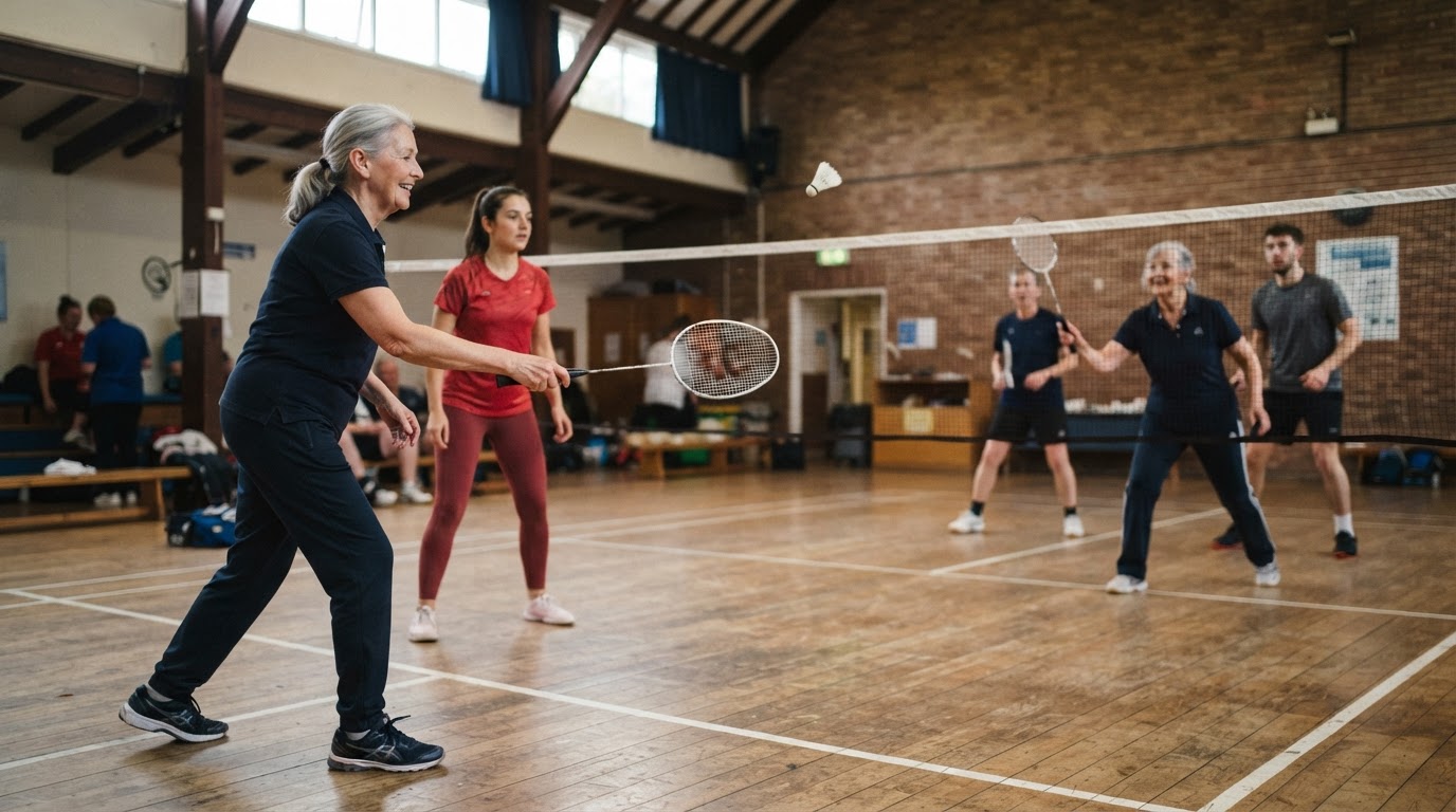 Friends playing relaxed badminton doubles Two friends of different ages playing a relaxed doubles badminton game in a hall