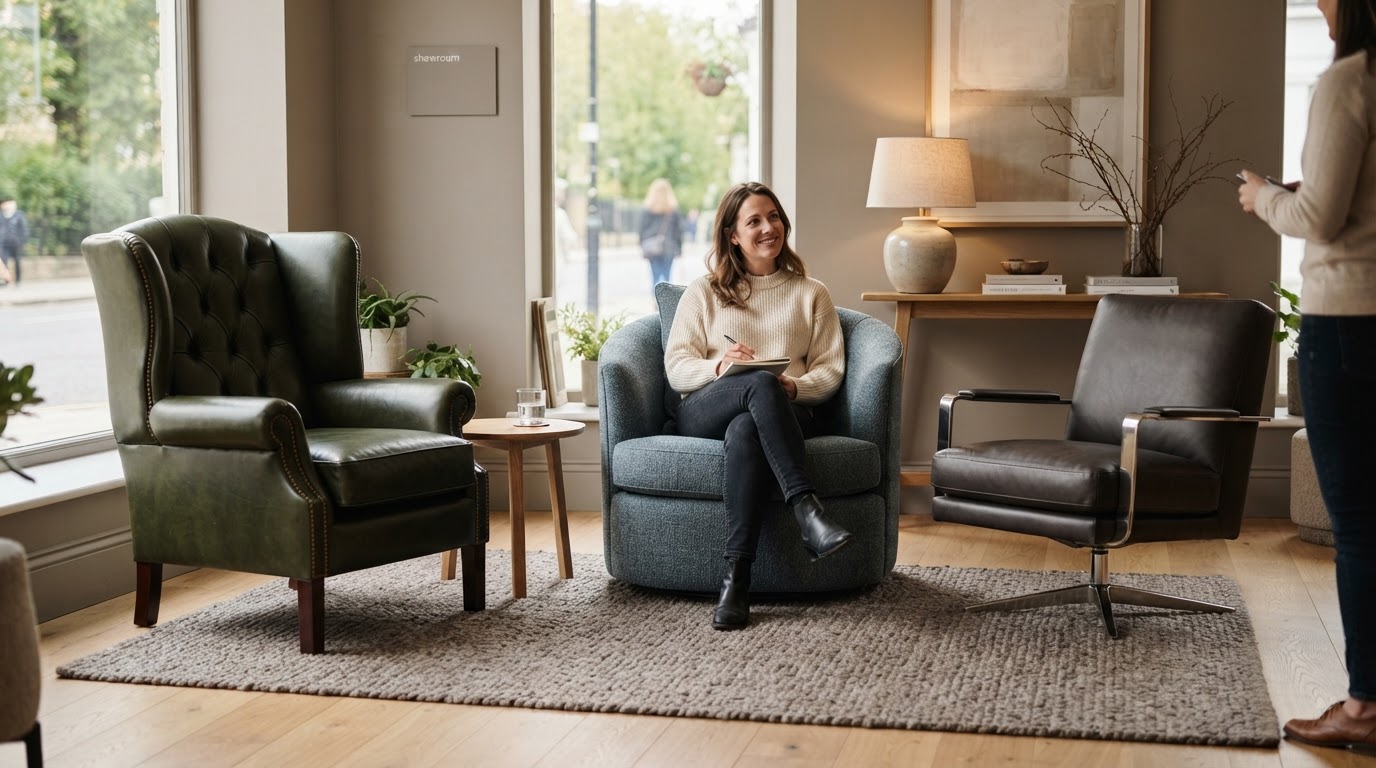 Showroom with wingback, tub and swivel armchairs for a small flat