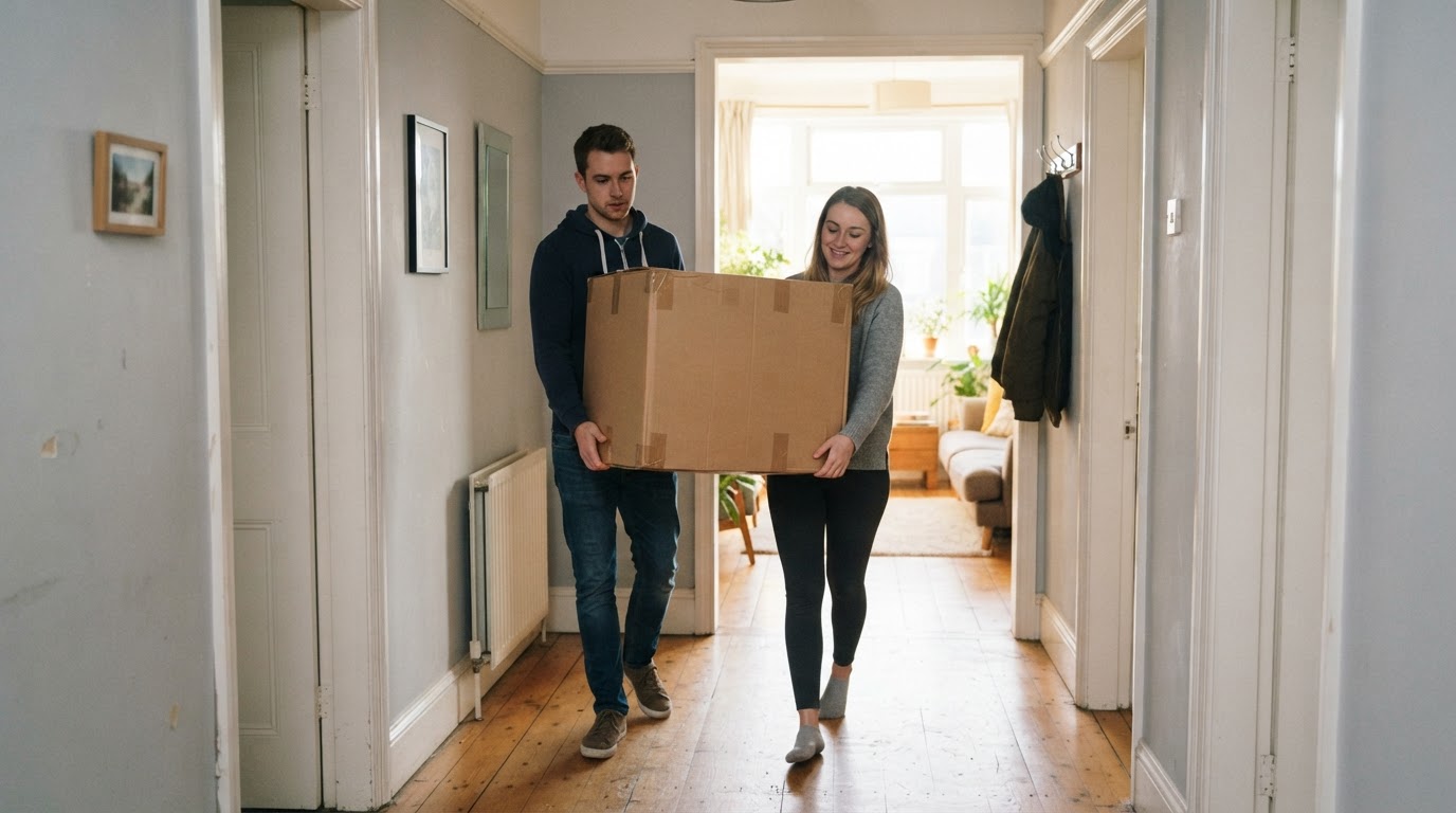 Couple carrying a boxed armchair through a narrow flat hallway