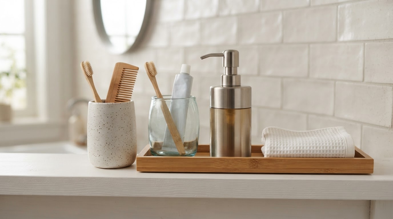 Ceramic, glass, brushed steel and bamboo bathroom accessories lined up on a white shelf