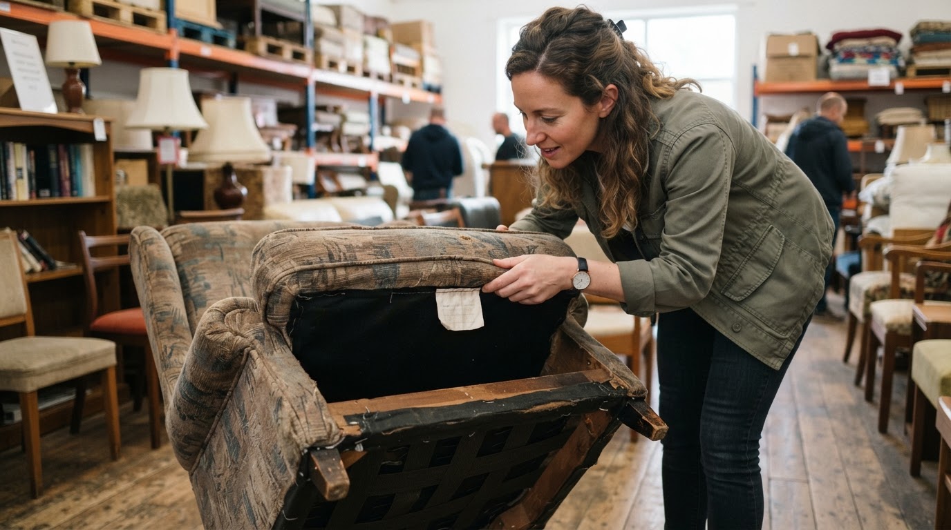 Shopper lifting an armchair cushion to look for a fire safety label