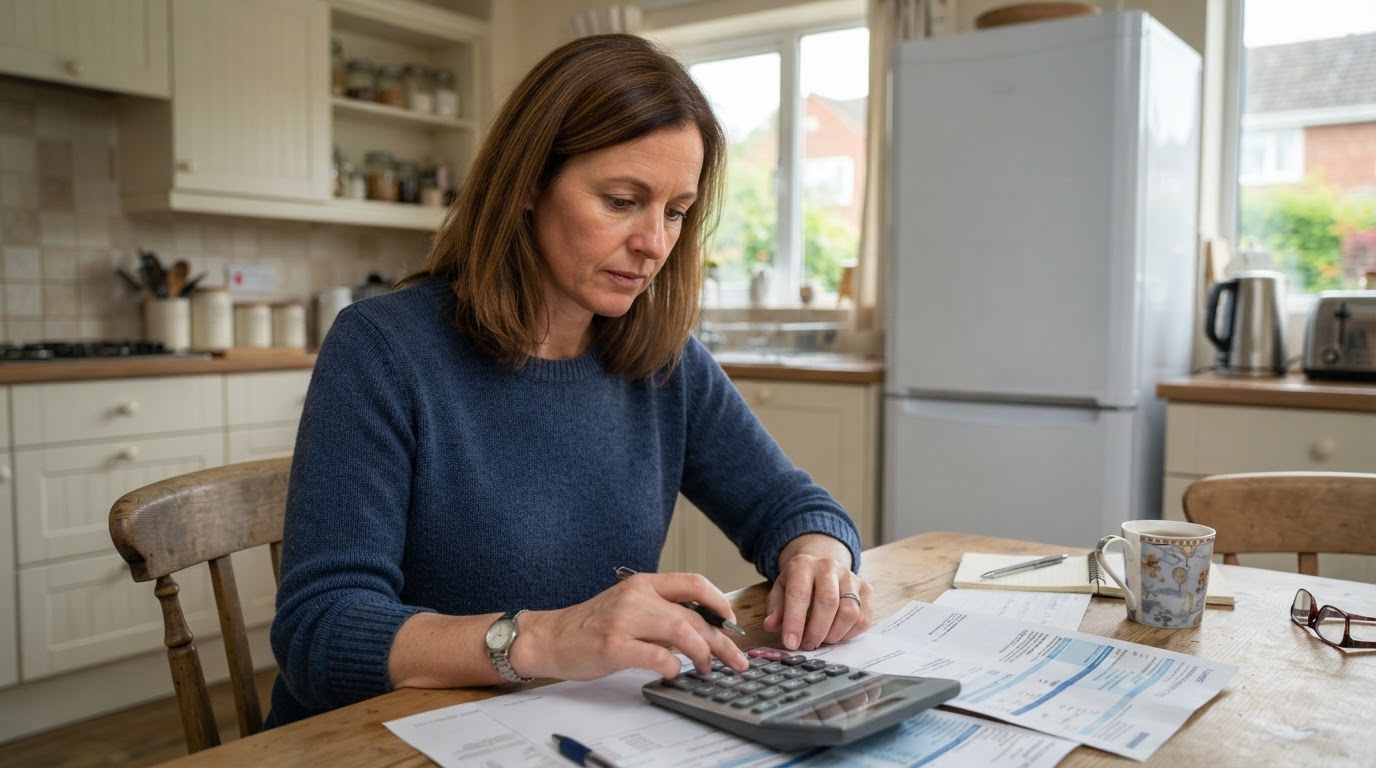 Woman at a kitchen table checking an electricity bill with a calculator near a fridge freezer